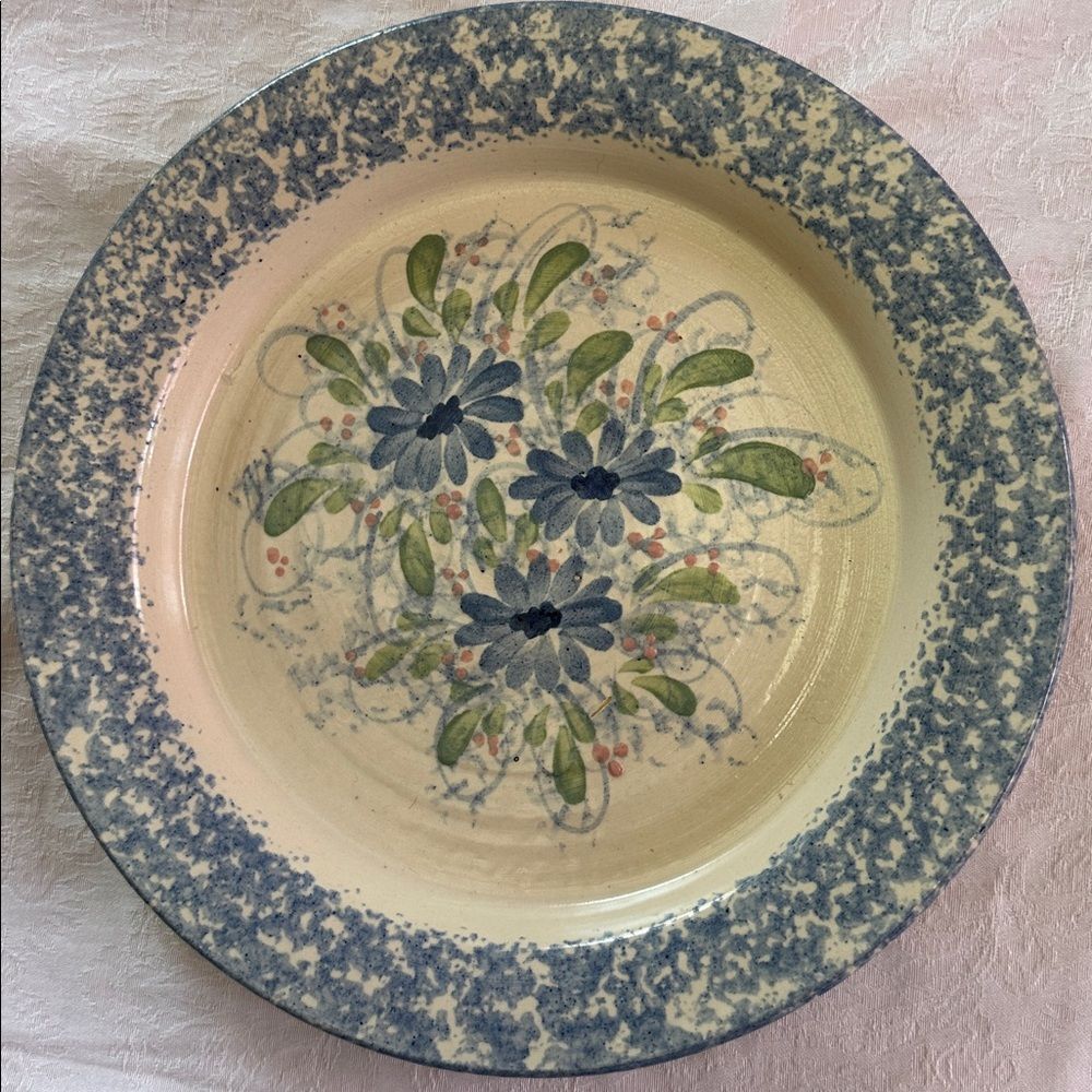 Plate Blue Spongeware Large Pottery Floral Pattern Deep Dish Large